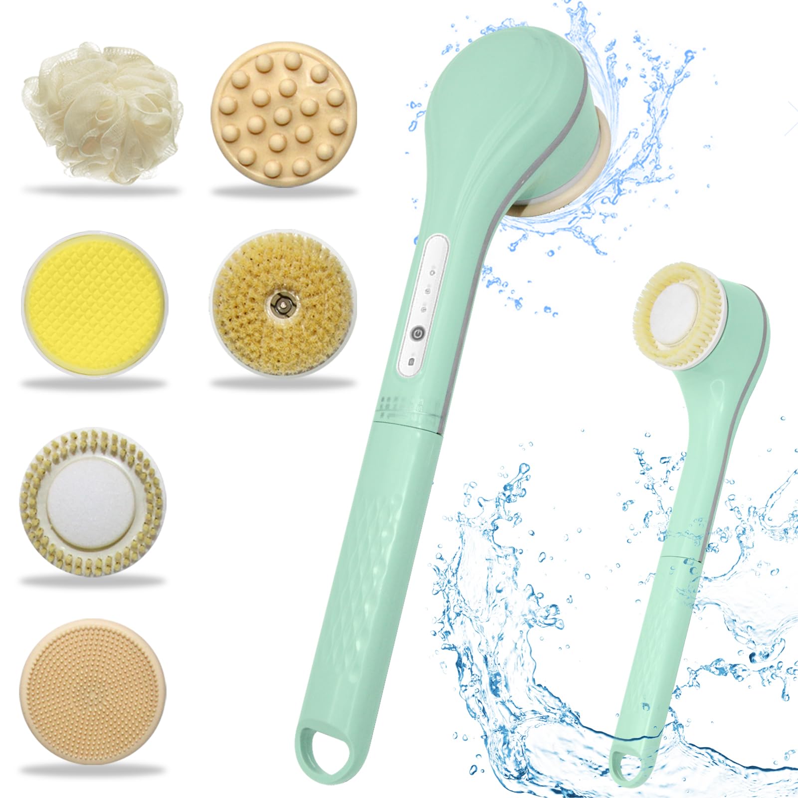 Electric Body Brush exfoliating Shower Brush Long Handle Shower Gel applicator Back Silicone Body Brush with 6 Shower Brush Heads Mens and Womens Gifts (Light Green)