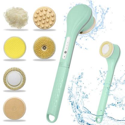 Electric Body Brush exfoliating Shower Brush Long Handle Shower Gel applicator Back Silicone Body Brush with 6 Shower Brush Heads Mens and Womens Gifts (Light Green)