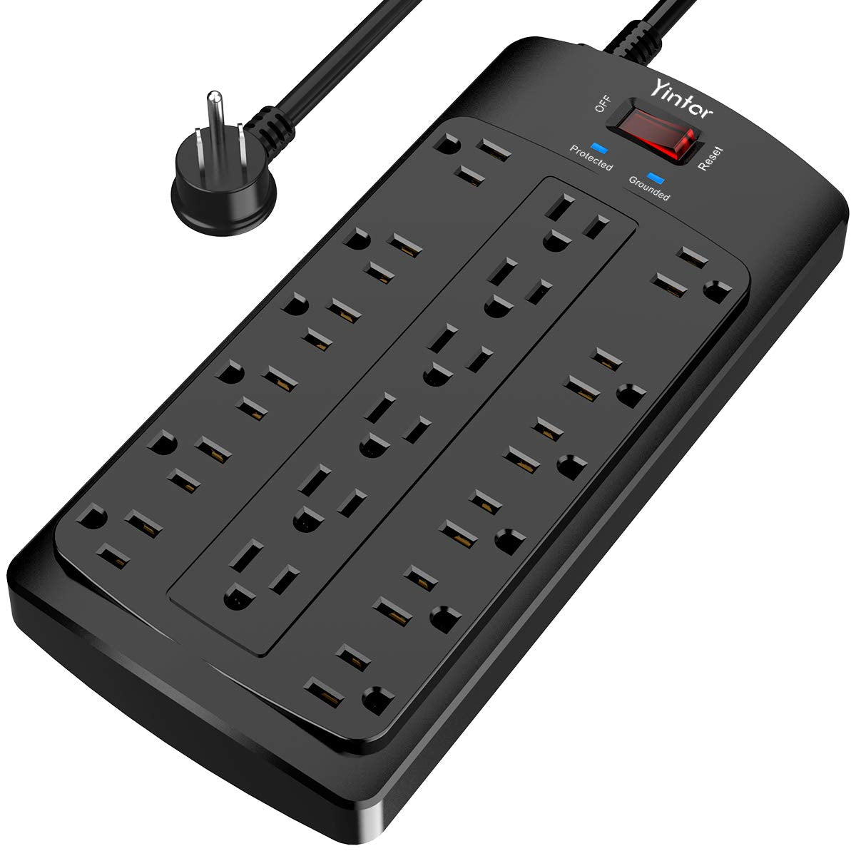 6FT Yintar Surge Protector Power Strip - Flat Plug Extension Cord with 18 AC Outlets for Home Office Dorm Essentials 2100 Joules ETL Black