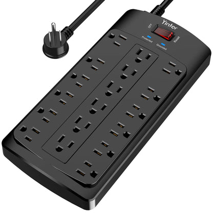 6FT Yintar Surge Protector Power Strip - Flat Plug Extension Cord with 18 AC Outlets for Home Office Dorm Essentials 2100 Joules ETL Black
