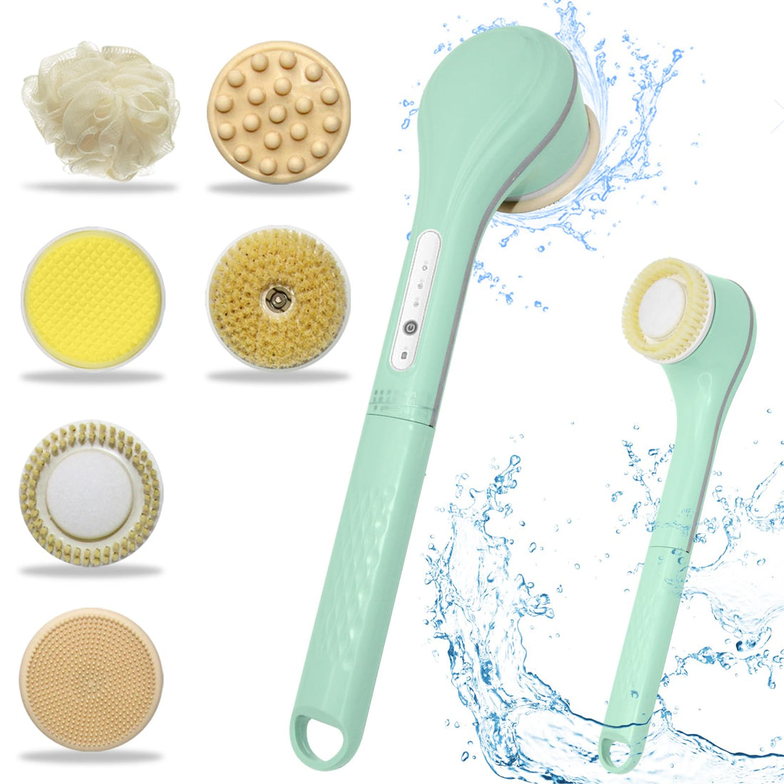 Electric Body Brush exfoliating Shower Brush Long Handle Shower Gel applicator Back Silicone Body Brush with 6 Shower Brush Heads Mens and Womens Gifts (Light Green)