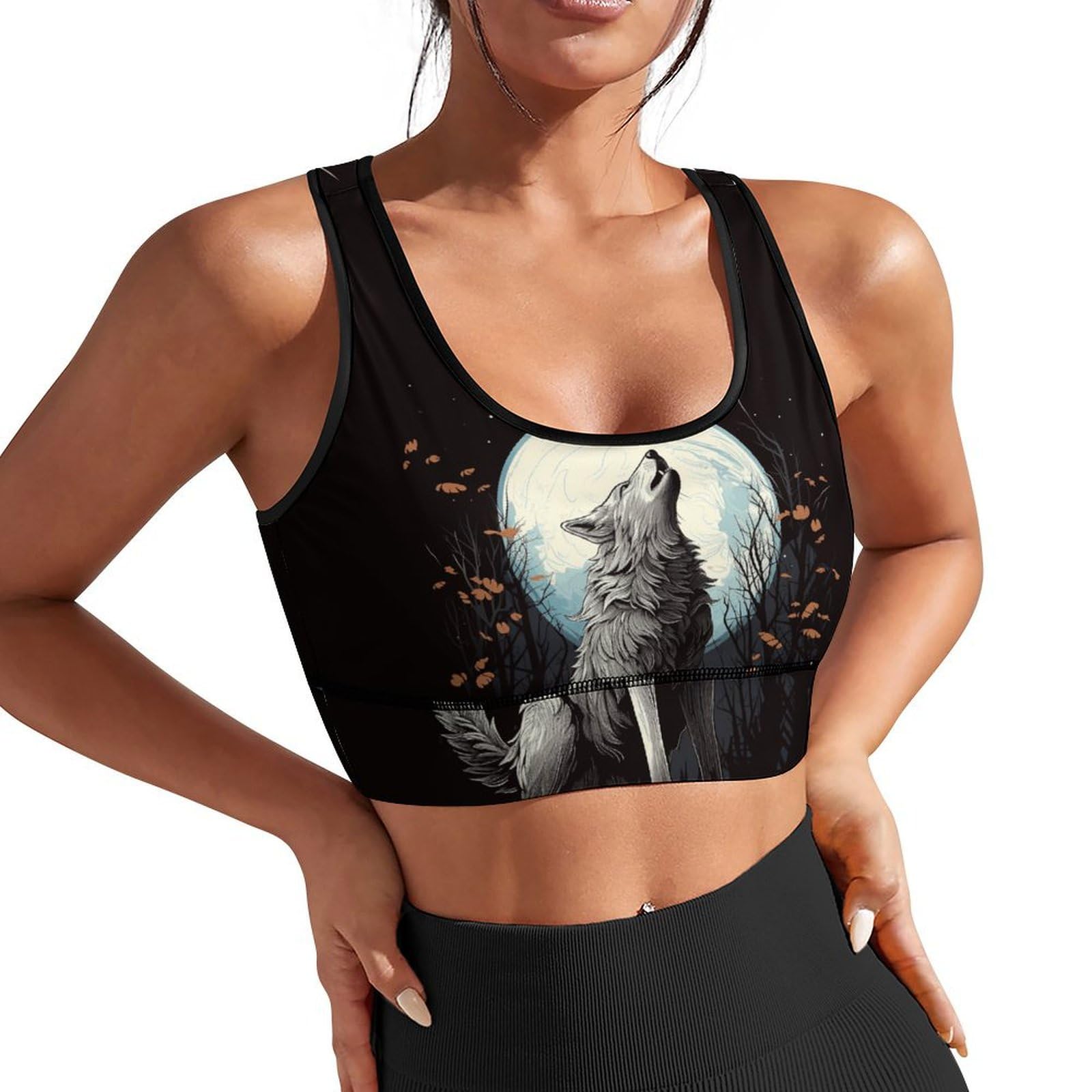 AuHomea Howling Wolf Womens Sports Bra Padded Workout Slimming Tank Tops for Women with Built in Bra U Neck Fitness S Size Running Yoga Top